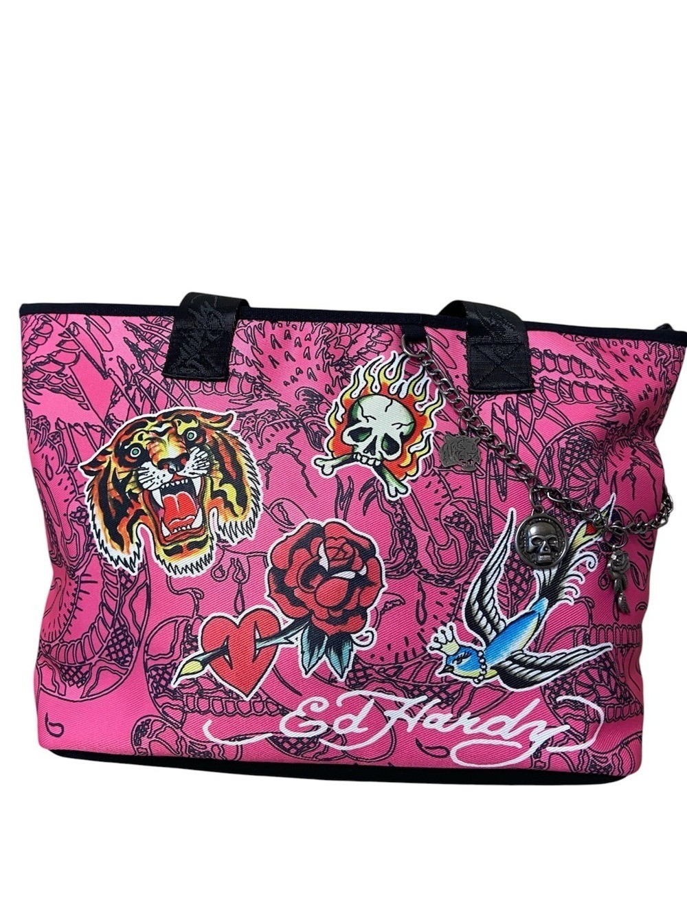 Ed Hardy Hot Pink Tattoo Motif Tote zip up double handle NWT
